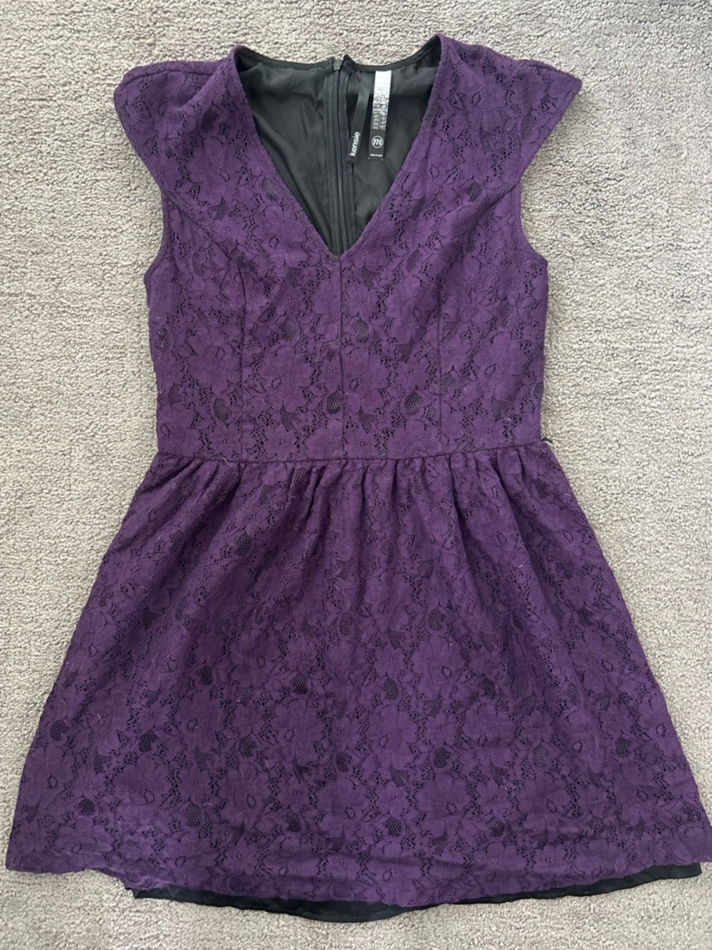 Kensie Plum Purple Lace Fit & Flare Mini Dress V-Neck Cap Sleeve Lined Size M